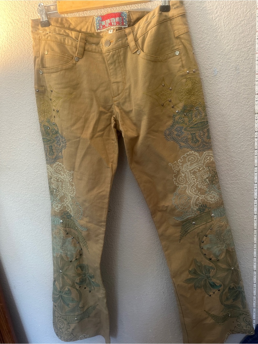 Tan Embroidered Wide-Leg Jeans with Paisley Detail